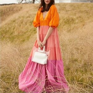 STAUD Meadow Dress Orange Pink Colorblock Tiered Maxi Size Small